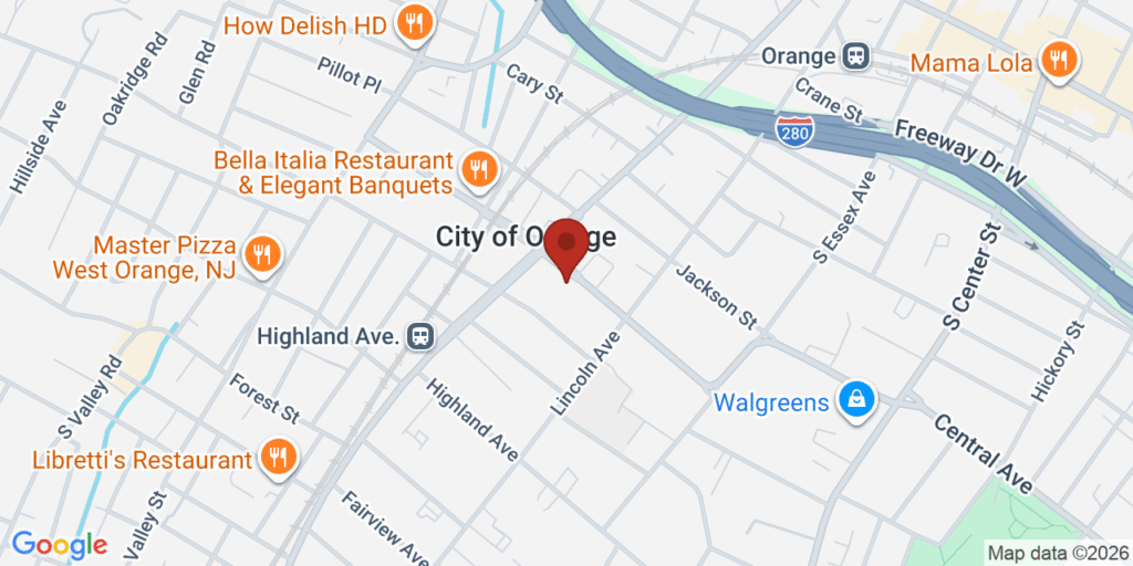 Map showing Sarrah's Cafe Trinbago at 454 Central Ave, City of Orange, NJ 07050